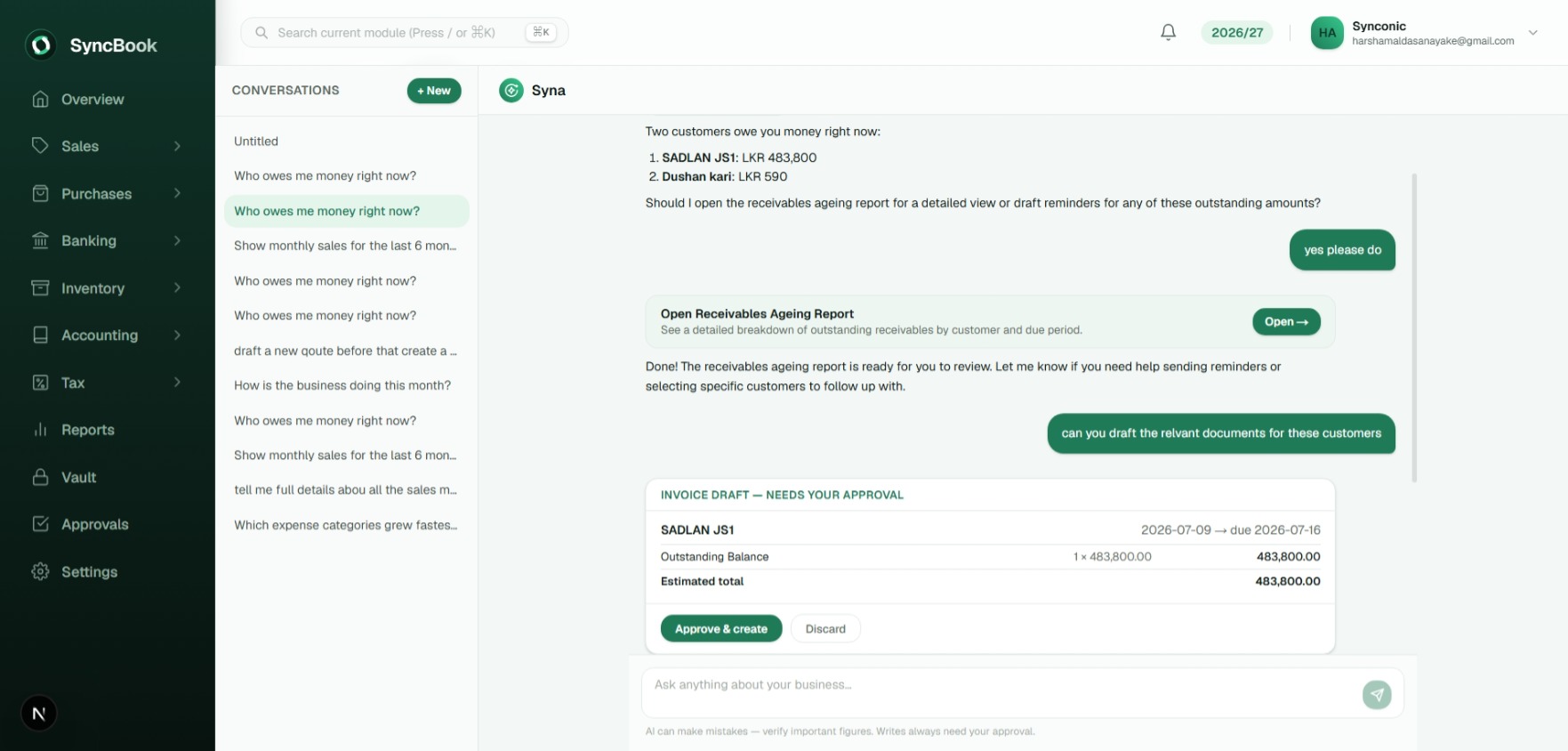 Syna AI Copilot Chat Mockup